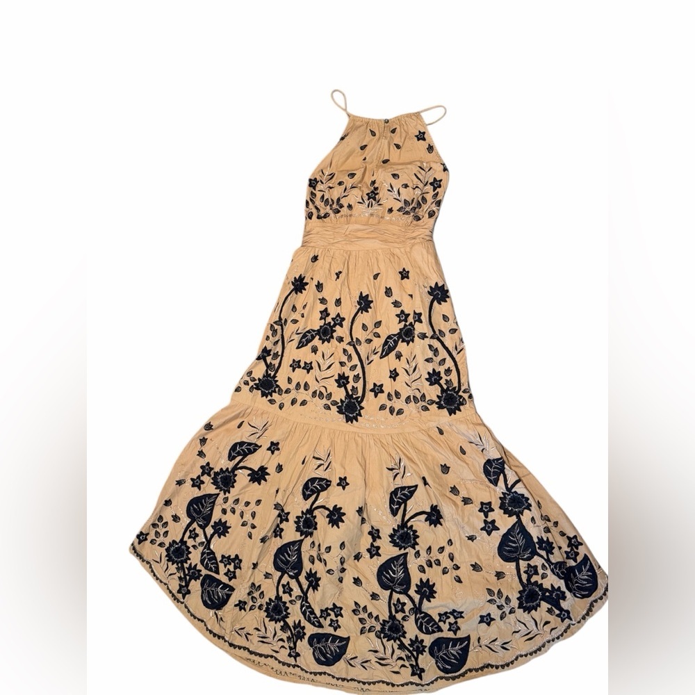 Anthropologie Maeve Tie Back Embroidered Halter Maxi Dress Honey Black Floral 4 - Picture 3 of 7